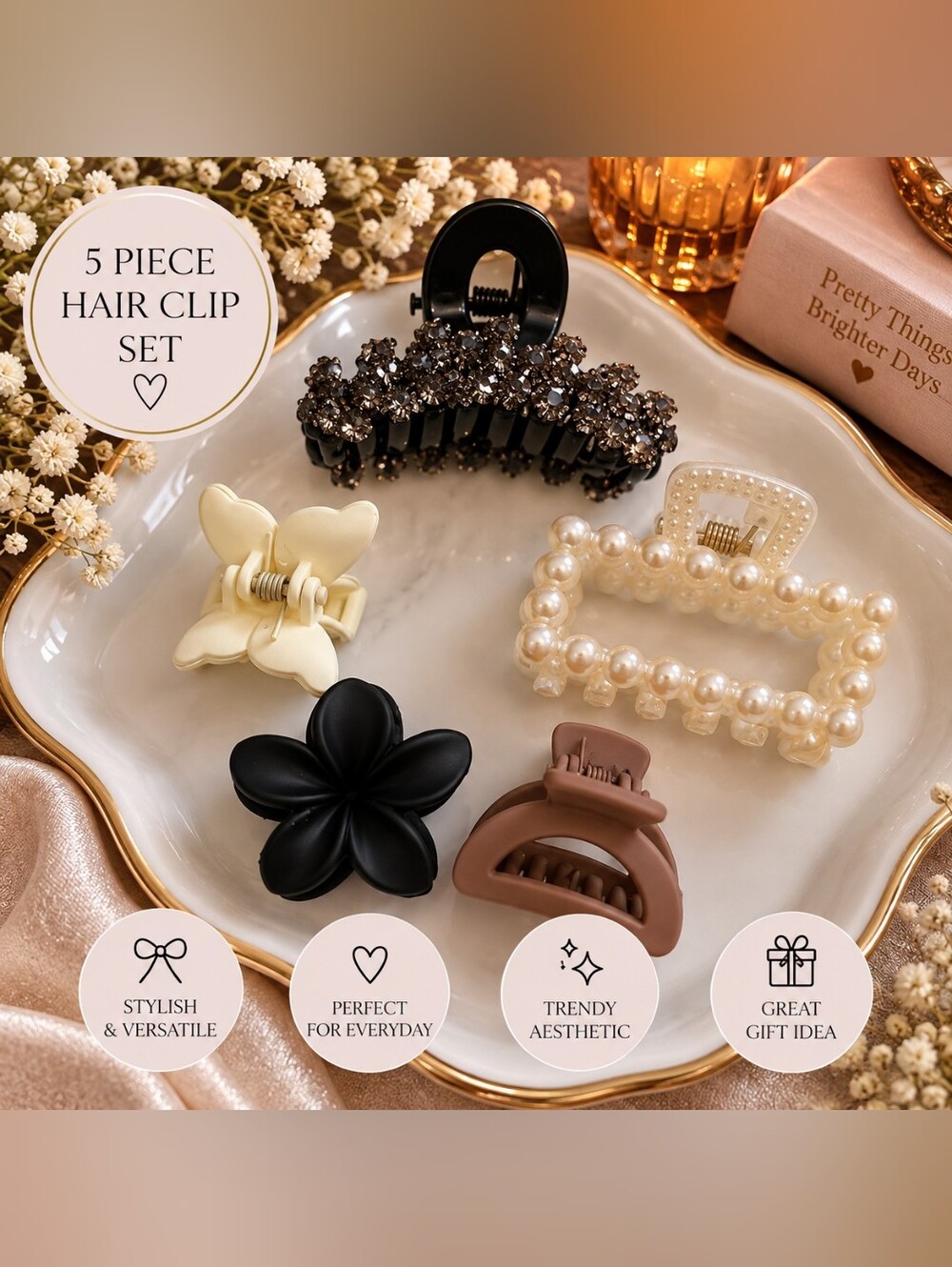 5-Piece Mixed Hair Claw Clip Set – Pearl, Rhinestone & Neutral Flower New